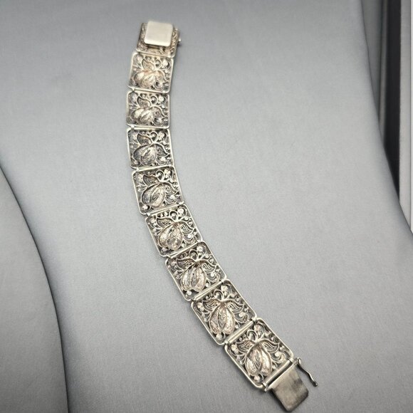 Vintage 850 Silver Filigree Panel Bracelet 7" Floral Design Hidden Clasp - Picture 10 of 11